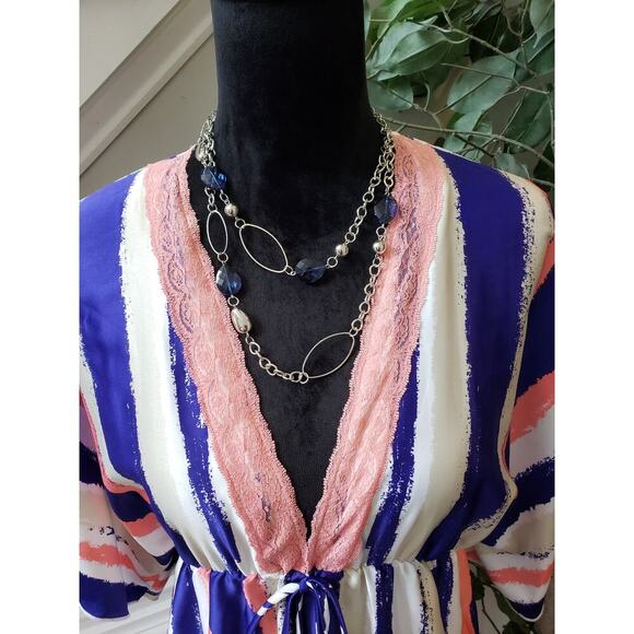 Grass Collection Shift Dress Womens Large Blue White Kimono Sleeve V Neck - Picture 5 of 13